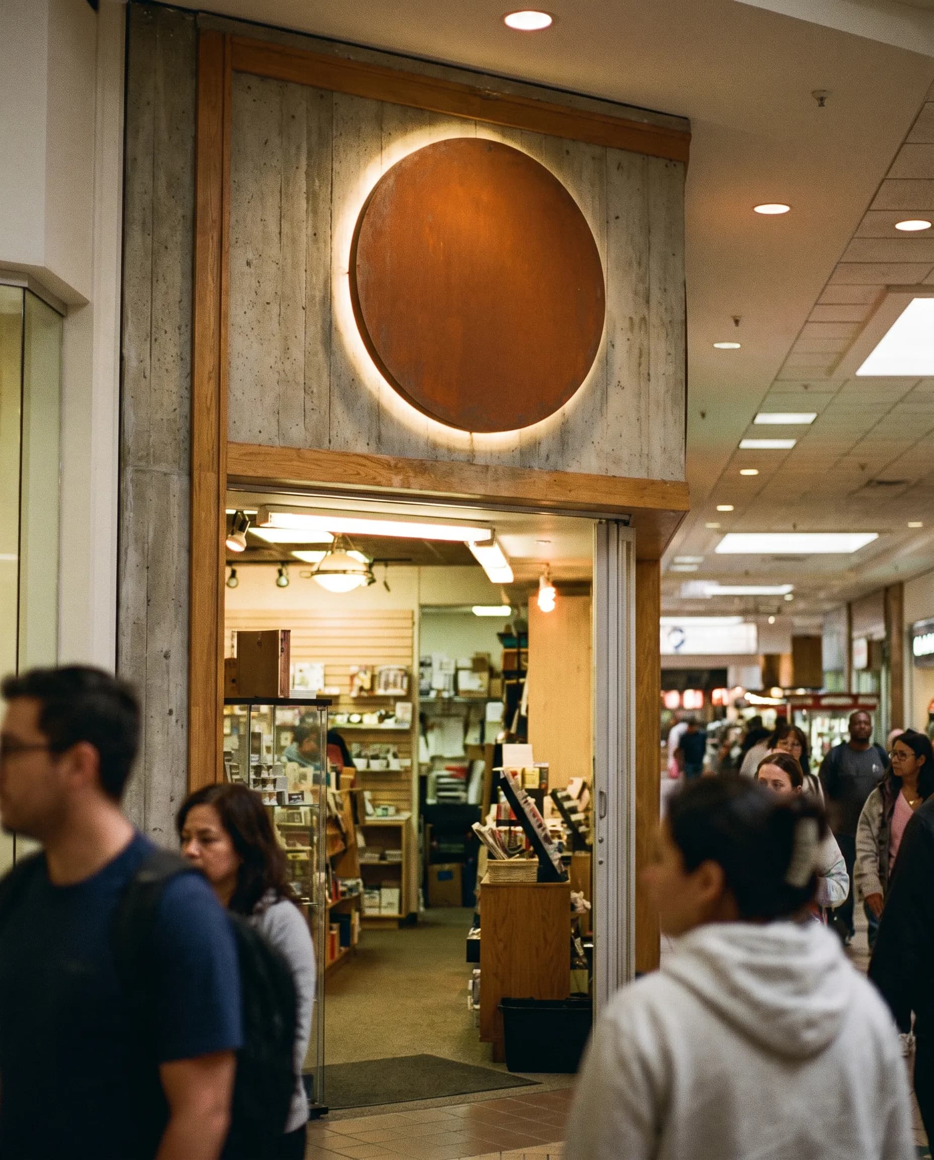 The same brand identity as a halo-lit dimensional form above a mall storefront opening