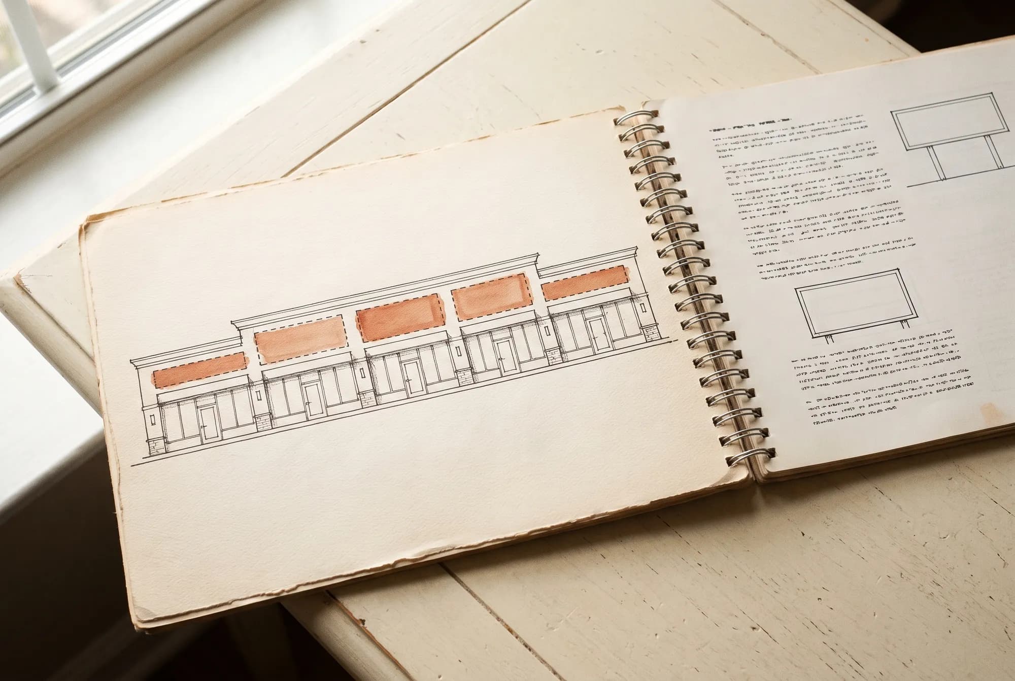 A tenant sign criteria document spread: allowed sign zones tinted on the storefront elevation, with sign type diagrams sized by formula