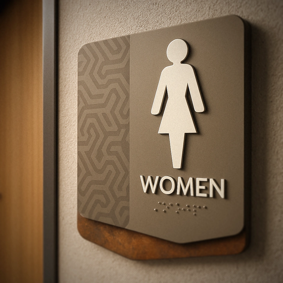 Tactile ADA restroom wayfinding sign mounted on a wall